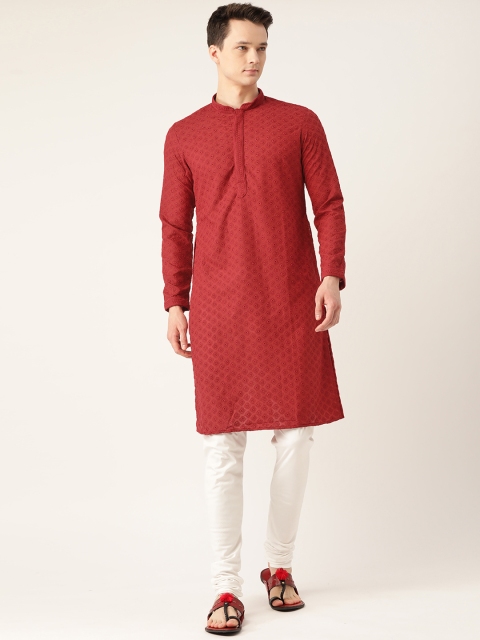

Manyavar Men Rust Red & White Embroidered Kurta with Churidar