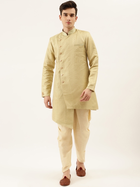 

Manyavar Men Pista Green & Beige Woven Design Jacquard Weave Kurta with Salwar