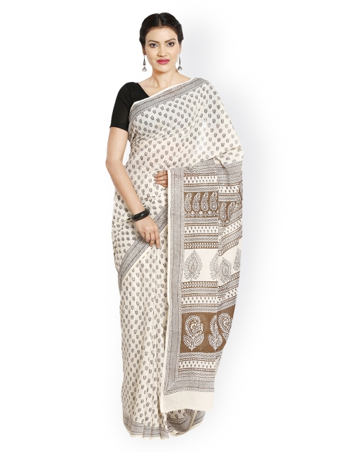 

Kalakari India Off-White Bagh Handblock Print Handcrafted Cotton Saree