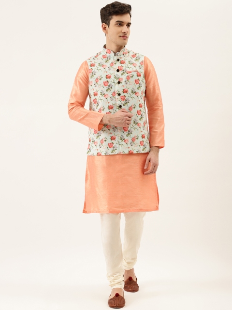 

Manyavar Men Peach-Coloured & Cream-Coloured Solid Kurta with Churidar & Nehru Jacket