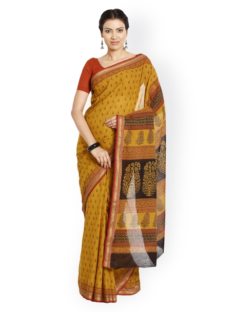 

Kalakari India Mustard Yellow Bagh Handblock Print Handcrafted Cotton Saree
