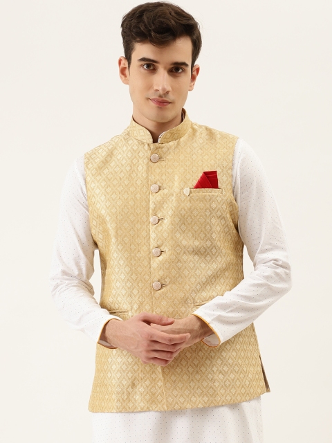 

Manyavar Men Beige & Off-White Ethnic Motifs Woven Design Nehru Jacket with Brooch