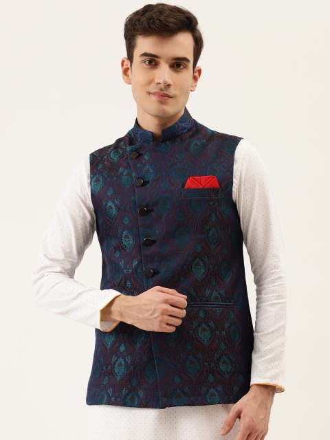 

Manyavar Men Navy Blue & Green Ethnic Motifs Woven Design Nehru Jacket with Brooch