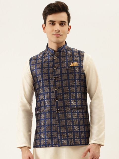 

Manyavar Men Navy Blue & Golden Ethnic Motifs Woven Design Nehru Jacket with Brooch