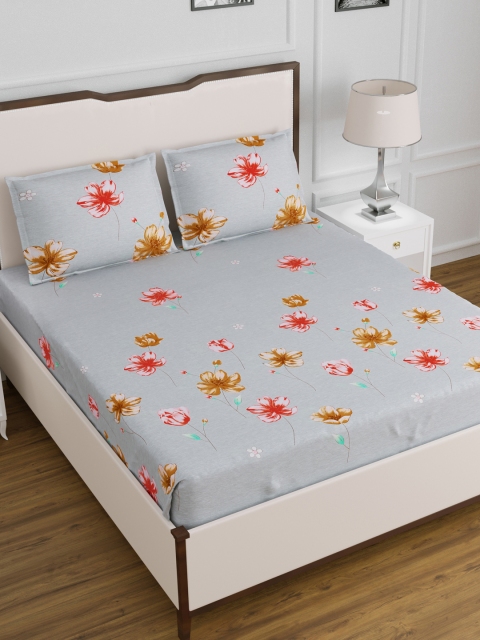 

DREAM WEAVERZ Grey & Pink Floral 220 TC Cotton 1 King Bedsheet with 2 Pillow Covers