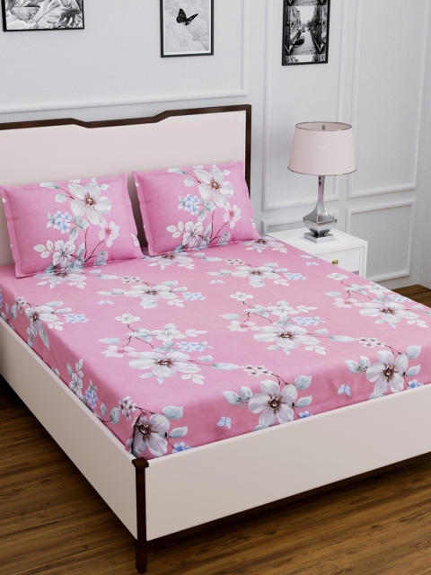 

DREAM WEAVERZ Pink & Grey Floral 250 TC Cotton 1 King Bedsheet with 2 Pillow Covers