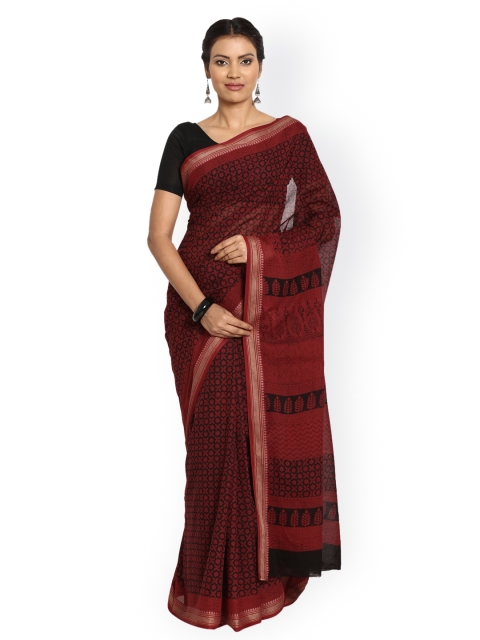 

Kalakari India Maroon Bagh Handblock Print Handcrafted Cotton Saree