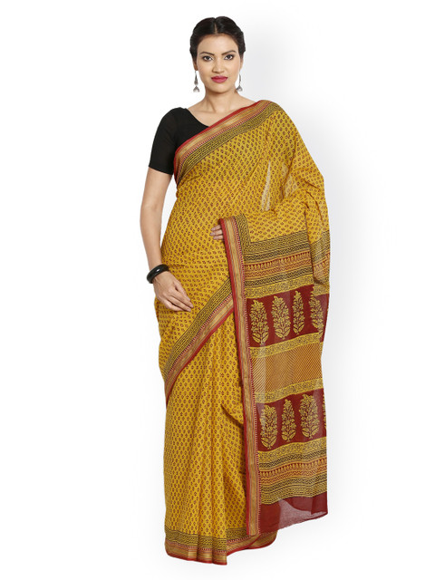 

Kalakari India Mustard Yellow Bagh Handblock Print Handcrafted Cotton Saree