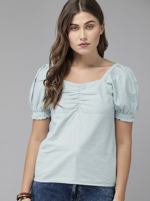 

Roadster Women Blue Solid Puff Sleeves Pure Cotton Regular Top