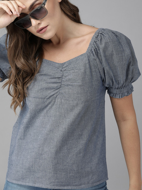 

Roadster Women Blue Solid Puff Sleeves Pure Cotton Regular Top