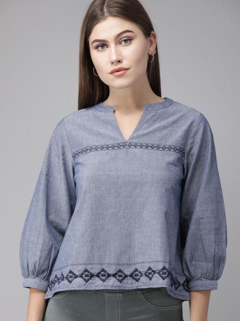 

Roadster Navy Blue Geometric Embroidered Mandarin Collar Puff Sleeves Regular Top