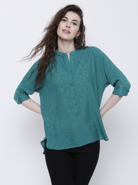 

Tokyo Talkies Women Teal Blue Embroidered Top
