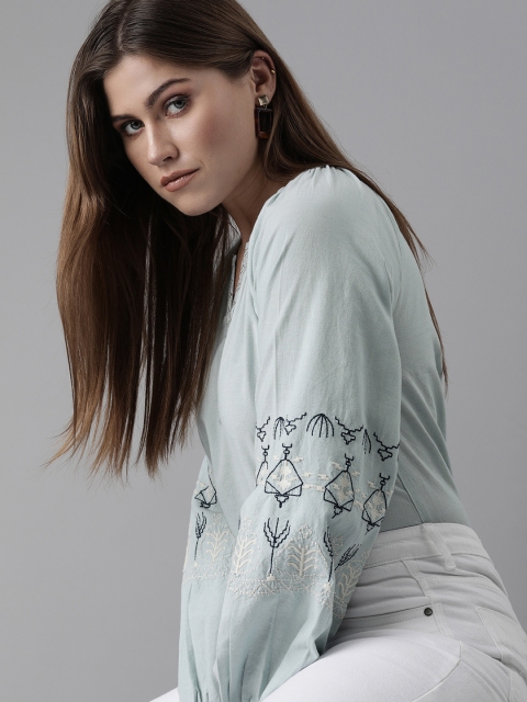 

Roadster Women Blue Embroidered Puff Sleeves Indigo Blouson Top