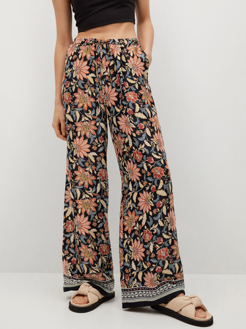 

MANGO Women Black & Orange Printed Wide Leg Palazzos