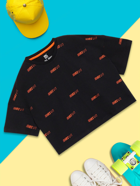 

HRX By Hrithik Roshan U-17 Girls Jet Black Printed Bio-Wash Lifestyle Tshirt