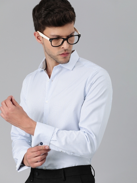 

THE BEAR HOUSE Men White & Blue Slim Fit Striped Pure Cotton Formal Shirt