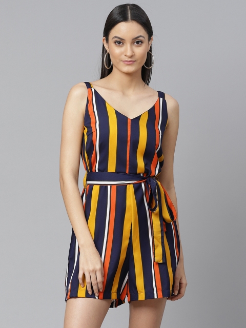 

SIRIKIT Women Navy Blue & Mustard Yellow Striped Playsuit & Belt