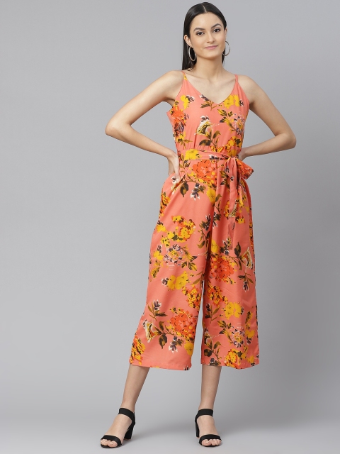 

SIRIKIT Women Coral Pink & Yellow Floral Printed Culotte Jumpsuit with Belt