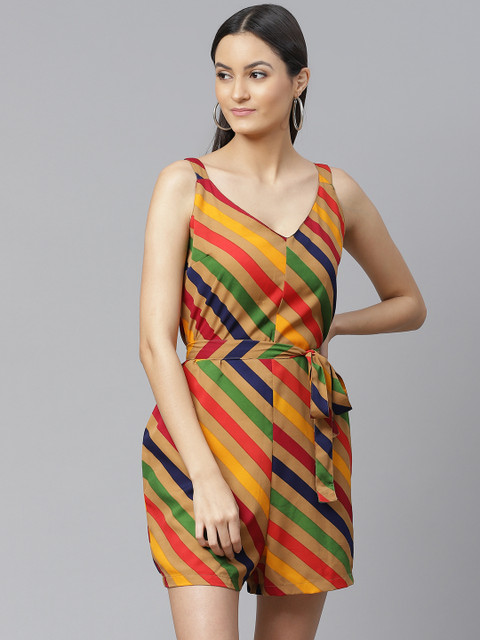 

SIRIKIT Women Multicoloured Striped Playsuit with Belt, Multi