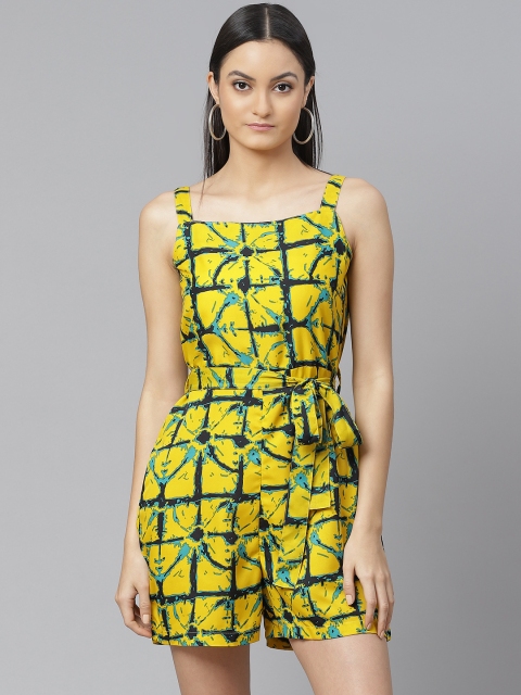 

SIRIKIT Women Mustard Yellow & Navy Blue Abstract Printed Playsuit with Belt