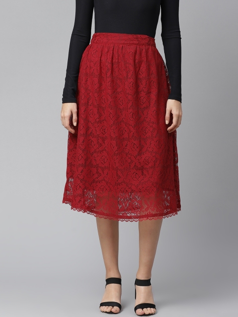

SIRIKIT Women Maroon Lace Self Design Flared A-Line Skirt