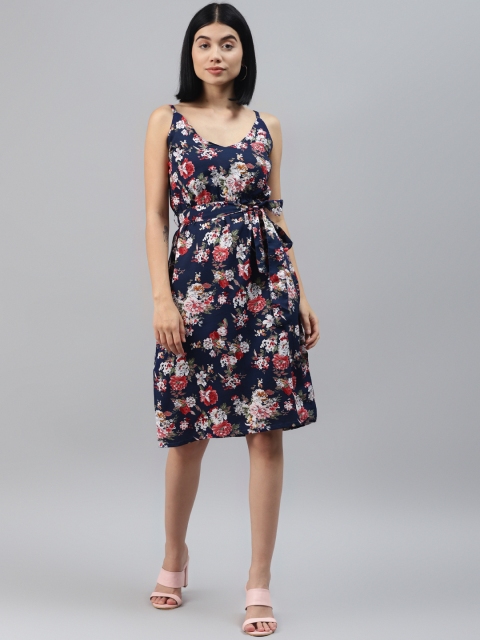 

SIRIKIT Women Navy Blue & White Floral Print A-Line Dress with Belt