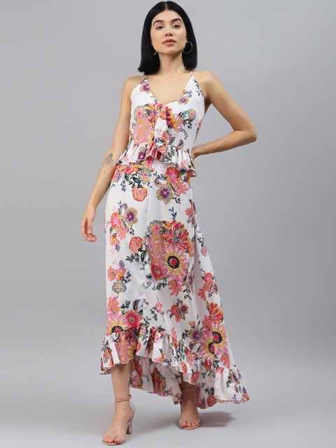 

SIRIKIT Women White & Pink Floral Print Maxi Dress with Ruffled Detail