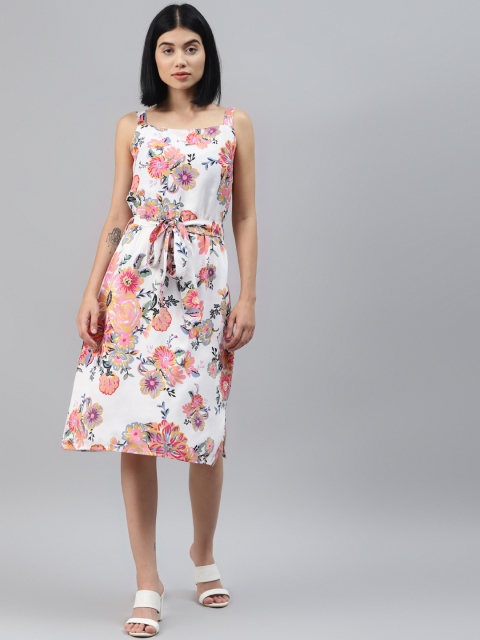 

SIRIKIT Women White & Pink Floral Print A-Line Dress with Belt