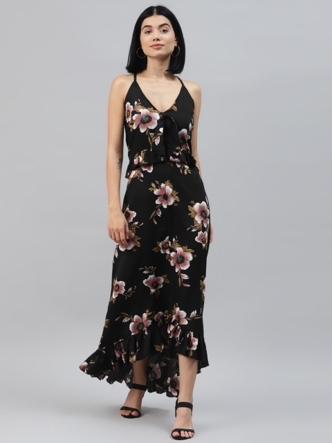 

SIRIKIT Women Black & Mauve Floral Print Maxi Dress with Ruffled Detail