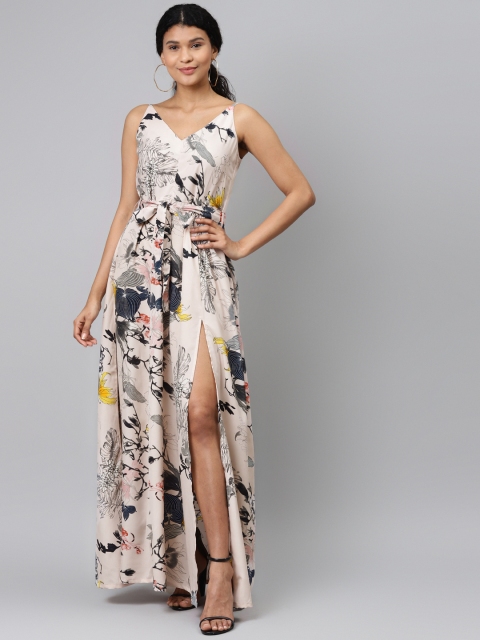 

SIRIKIT Women Peach-Coloured & Charcoal Grey Floral Print Maxi Dress
