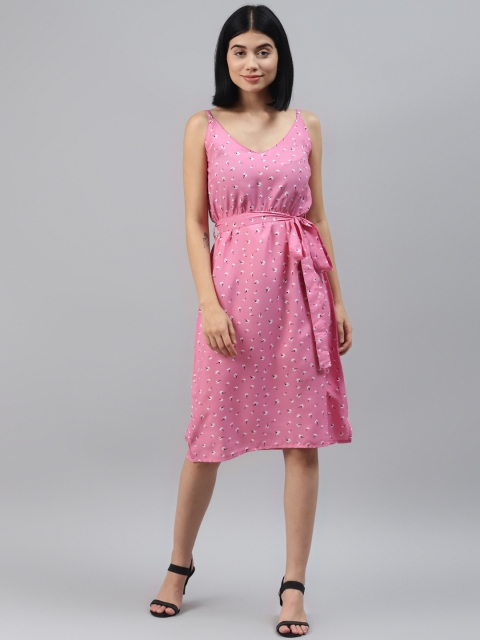 

SIRIKIT Women Pink & White Floral Print A-Line Dress with Belt