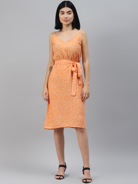 

SIRIKIT Women Orange & White Floral Print A-Line Dress with Belt