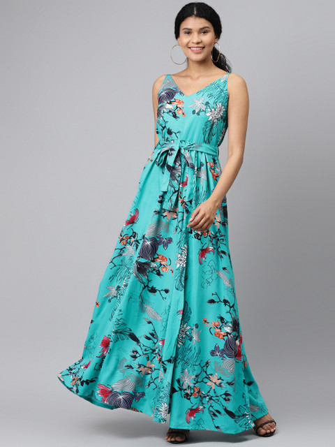 

SIRIKIT Women Turquoise Blue & Black Floral Print Maxi Dress