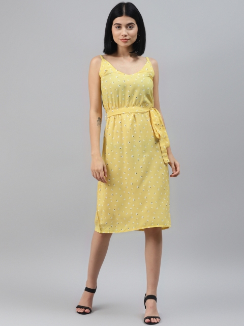 

SIRIKIT Women Yellow & White Floral Print A-Line Dress with Belt