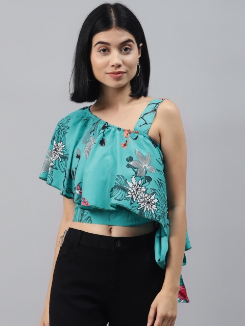 

SIRIKIT Turquoise Blue & Black Floral Print Smocked Flared Sleeves Layered Crop Top