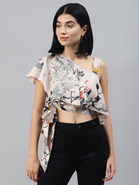 

SIRIKIT Off White & Navy Blue Floral Printed Smocked Flared Sleeves Layered Crop Top