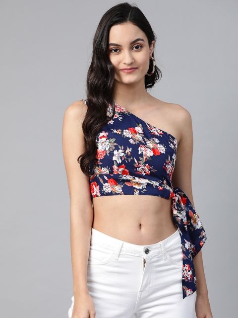 

SIRIKIT Navy Blue & Pink Floral Printed One Shoulder Cropped Top