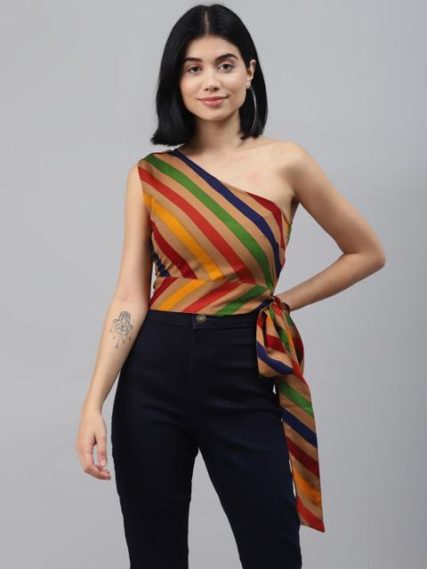 

SIRIKIT Brown & Yellow Striped Smocked One Shoulder Crop Top