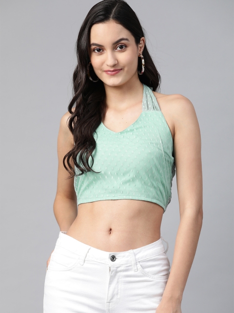 

SIRIKIT Sea Green Halter Neck Net Cropped Top