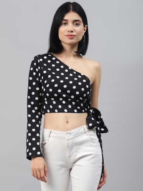 

SIRIKIT Black & White Polka Dots Printed Smocked One Shoulder Crop Top