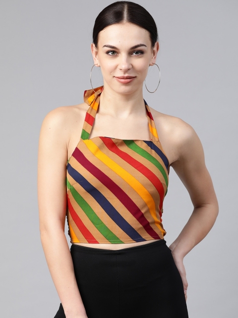 

SIRIKIT Multicoloured Striped Halter Neck Cropped Top, Multi