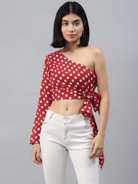 

SIRIKIT Red & White Polka Dots Printed Smocked One Shoulder Crop Top