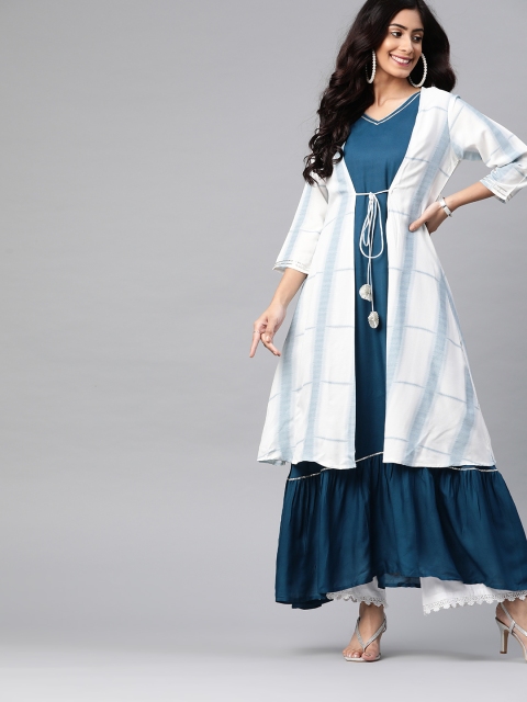 

Mokshi Women Teal Blue & White Tie & Dye Striped Layered Pure Cotton A-Line Kurta