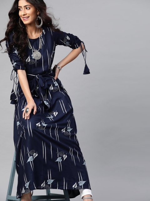 

Mokshi Women Navy Blue & White Floral Printed Indigo Kurta With Waist Tie-Ups