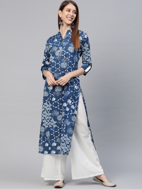 

Mokshi Women Navy Blue & White Ethnic Motifs Printed Pure Cotton Indigo Kurta