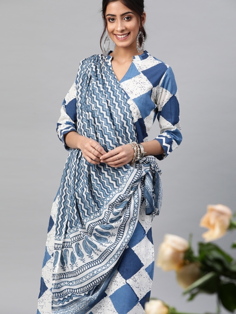 

mokshi Women Blue & White Pure Cotton Checked Kurta with Palazzos & Dupatta