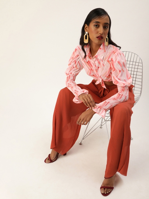 

SHECZZAR Women Pink & White Abstract Printed Smocked Casual Shirt