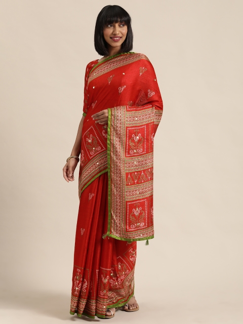 

LADUSAA Red & Black Jute Silk Embroidered Saree