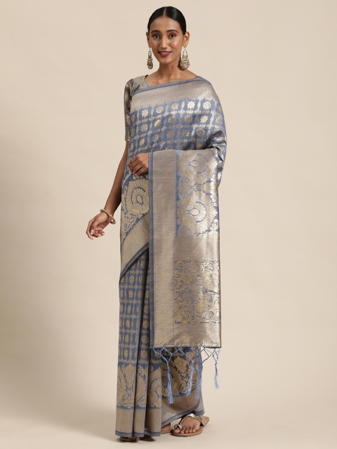 

LADUSAA Blue & Gold-Toned Woven Design Kanjeevaram Saree