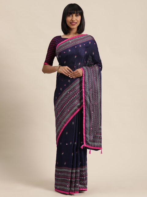 

LADUSAA Navy Blue & Pink Jute Silk Embroidered Saree